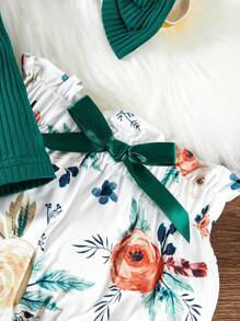 Hibobi Baby Girl Solid Color Bodysuit And Floral Print Pants And Headband