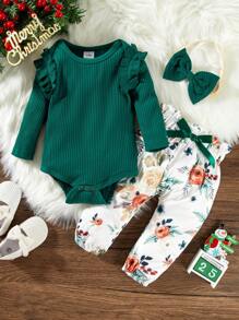 Hibobi Baby Girl Solid Color Bodysuit And Floral Print Pants And Headband