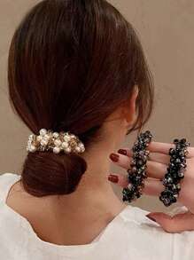 Party 3pcs/1pc Women's Multicolor Faux Pearl & Rhinestone Beaded Hair Tie, Wrist Band, Luxury Style Bracelet Hair Band, Hair Accessories Accessories