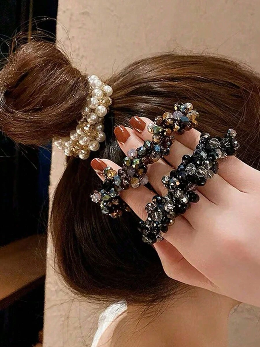 Party 3pcs/1pc Women's Multicolor Faux Pearl & Rhinestone Beaded Hair Tie, Wrist Band, Luxury Style Bracelet Hair Band, Hair Accessories Accessories