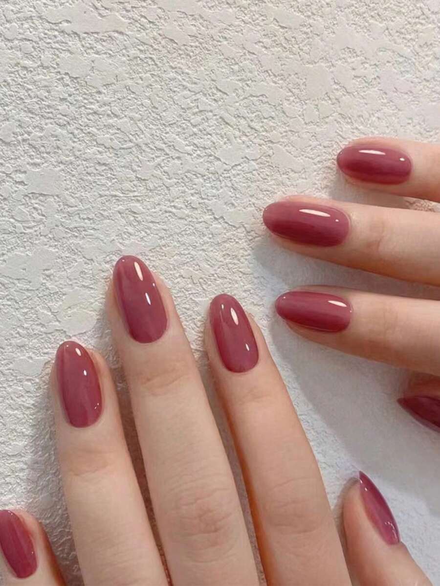 24 件长椭圆形纯杏红色假指甲套装，含 1 个指甲抛光块和 1 块果冻胶，适合女孩和女士日常佩戴，夏季美甲美甲用品美甲