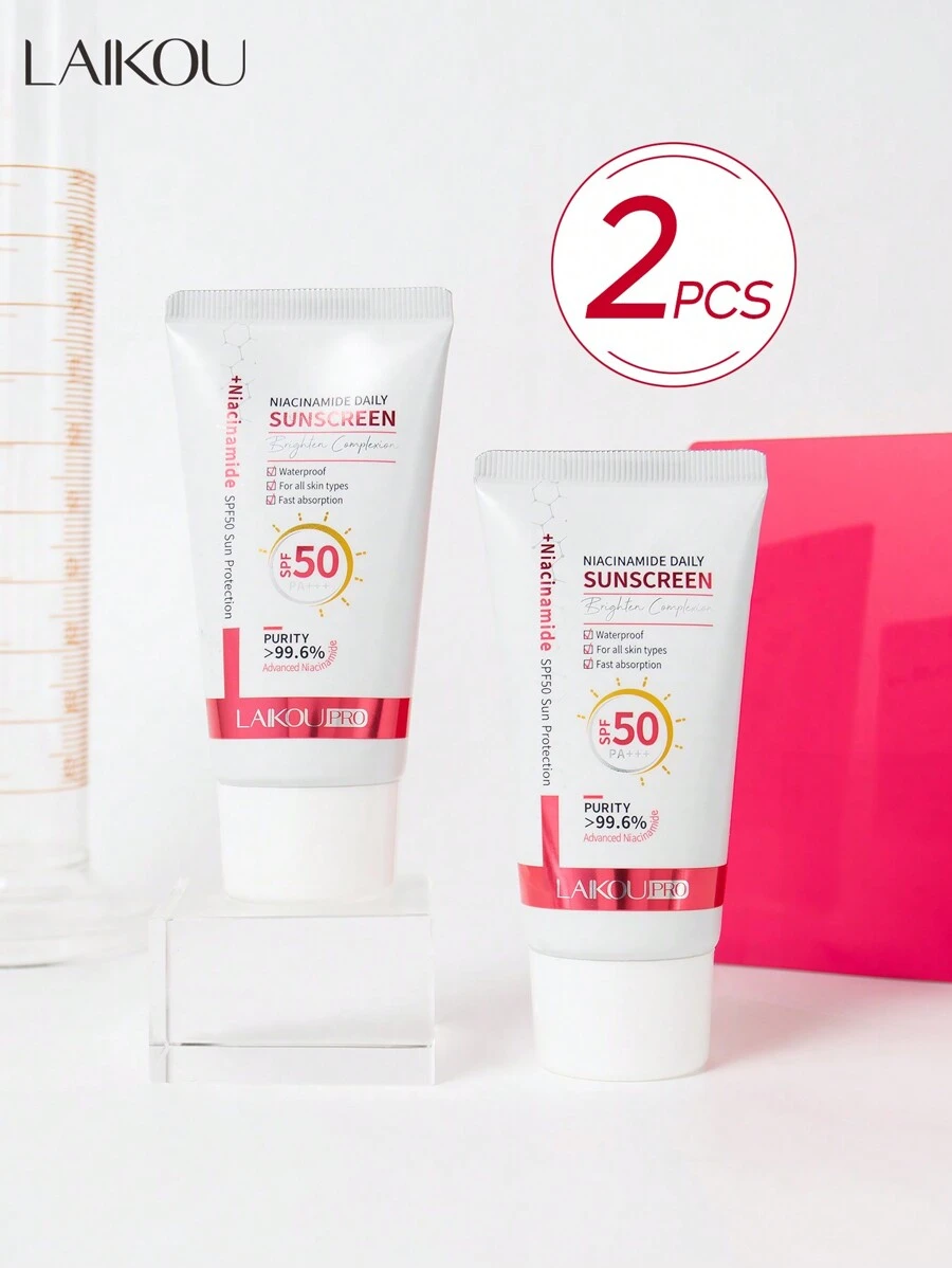 2瓶50克莱寇 (LAIKOU) 专业美白烟酰胺日常防晒乳液，SPF50+ PA+++，清爽不油腻，适合旅行、露营、徒步等户外护肤，送给妈妈的绝佳礼物