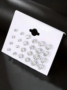 12 Pairs Shiny Rhinestone Earring Set, Elegant Earrings, Versatile Geometric Six Claw Rhinestone Design, With Cards, Suitable For Daily Wear, Gift Giving, And Party Gifts - Multicolor - View 3