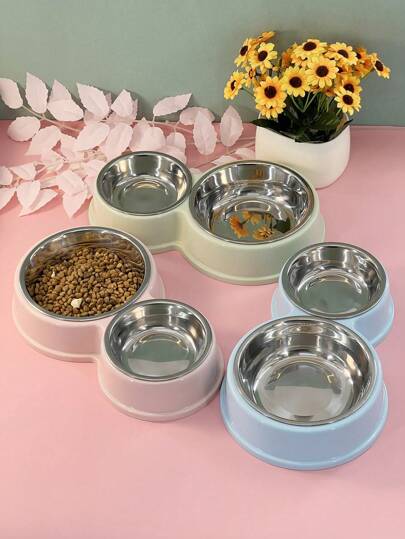 1 pieza Tazón para mascotas de acero inoxidable en forma de 8 con doble tazón para perros/gatos de plástico antideslizante para comida y agua