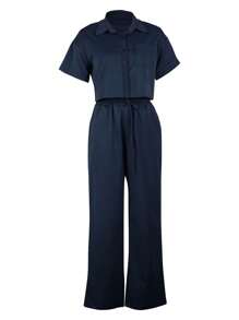 2pcs/Set Linen Casual Short Sleeve Shirt Top And Wide Leg Pants Suit For Autumn - 藍色 - 查看 3