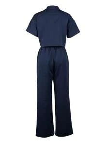 2pcs/Set Linen Casual Short Sleeve Shirt Top And Wide Leg Pants Suit For Autumn - 藍色 - 查看 2