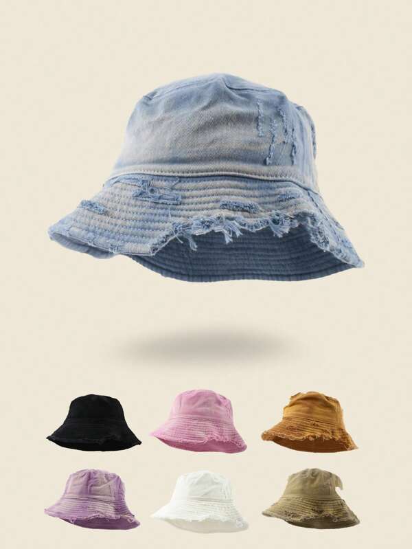 1pc Unisex Distressed Washed Bucket Hat, All Seasons Casual Wear, Suitable For Daily Wear, Outdoor Sun Protection, Ideal For Both Men And Women, Couple's Design