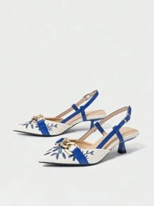 女士金属链条装饰刺绣尖头小猫跟鞋，海军蓝，优雅迷人，适合舞会、约会、购物、通勤、春夏情人节等场合。 - 藍色 - 查看 8