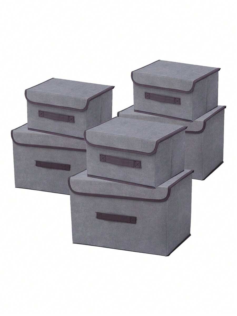 6 Caja de almacenamiento con tapa cajas almacenaje ropa almacenamiento de tela de lino plegable para libros, ropa, juguetes, hogar, dormitorio, armario, oficina (grey) - Gris - Ver 1