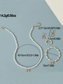 5pcs/Set High-End Faux Pearl & Bow Necklace, Bracelet, Earrings And Ring Jewelry Set, Suitable For Girls Wearing To Banquet And Ball - Bow - View 3