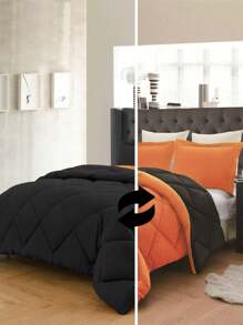 3PC Reversible 2-Tone Comforter Set With 2 Pillow Shams - 2 Different Colors! Duvet Insert - Orange & Black - View 1