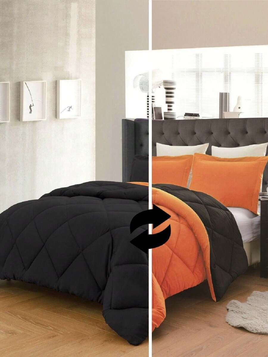 3PC Reversible 2-Tone Comforter Set With 2 Pillow Shams - 2 Different Colors! Duvet Insert - Orange & Black - View 1