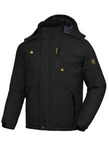 Men's Solid Color Zip Front Pocket Long Sleeve Hooded Down Jacket, Ski Wear - Black - View 1
