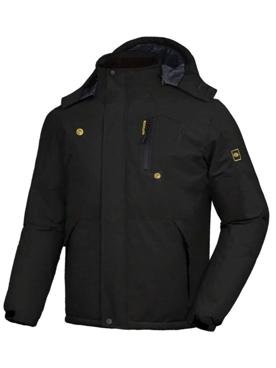 Men's Solid Color Zip Front Pocket Long Sleeve Hooded Down Jacket, Ski Wear - Black - View 1