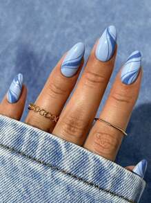 24 piezas Uñas postizas de almendra media con diseño de franjas de cielo azul y olas oceánicas con cobertura completa, adecuadas para mujeres, niñas, entretenimiento, viajes, festivales. Incluye pegamento de uñas en gelatina y lima de uñas. - Multicolor - Ver 1
