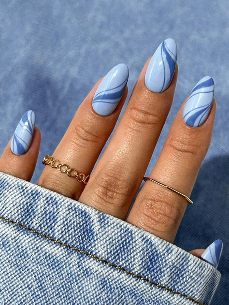 24 piezas Uñas postizas de almendra media con diseño de franjas de cielo azul y olas oceánicas con cobertura completa, adecuadas para mujeres, niñas, entretenimiento, viajes, festivales. Incluye pegamento de uñas en gelatina y lima de uñas. - Multicolor - Ver 1