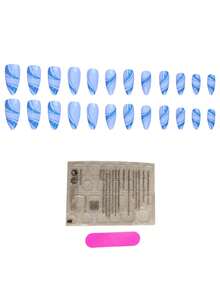 24 piezas Uñas postizas de almendra media con diseño de franjas de cielo azul y olas oceánicas con cobertura completa, adecuadas para mujeres, niñas, entretenimiento, viajes, festivales. Incluye pegamento de uñas en gelatina y lima de uñas. - Multicolor - Ver 3