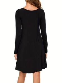 Women's Casual Solid Color Minimalist Long Sleeve T-Shirt Dress - Black - View 2