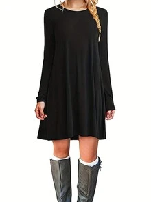 Women's Casual Solid Color Minimalist Long Sleeve T-Shirt Dress - Black - View 4