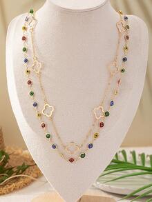 1pc Hollow Clover Pendant Long Chain Vintage Elegant Women's Necklace, European And American Style - Yellow Gold - View 2