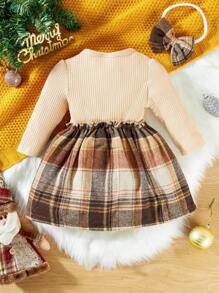 Vestido de dos piezas de manga larga para bebé niña con patchwork de cuadros escoceses y estilo colegial, con tocado de lazo, adecuado para bebés de 3 meses a 3 años en otoño - Caqui - Ver 2