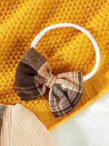 Vestido de dos piezas de manga larga para bebé niña con patchwork de cuadros escoceses y estilo colegial, con tocado de lazo, adecuado para bebés de 3 meses a 3 años en otoño - Caqui - Ver 7