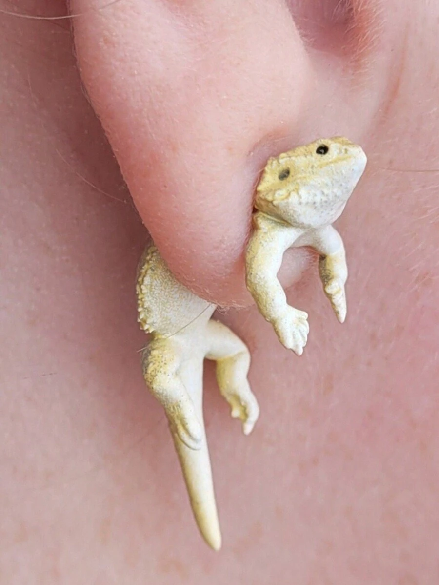 2 piezas Pendientes góticos 3D de dragón barbudo, pendientes de lagarto graciosos para mujeres en forma de tachuelas de oreja con joyas de regalo, pendientes de frente y trasero de rana y sapo - Pendientes divertidos - Ver 1