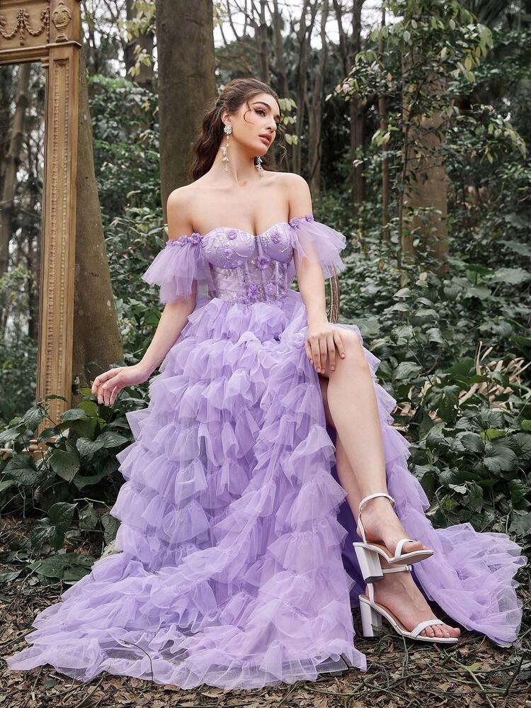 Colorful Shein Mesh Overlay Dress Blog Elegant Lace Bodice Contrast Split  Ruffle Layered Hem Prom Tube