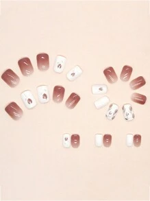 使用24入組短方形漸變花印假指甲、1支指甲檔、1張膠帶貼片，改變指甲風格，假指甲美甲用品套裝 - 彩色 - 查看 2