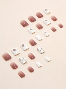 使用24入組短方形漸變花印假指甲、1支指甲檔、1張膠帶貼片，改變指甲風格，假指甲美甲用品套裝 - 彩色 - 查看 3