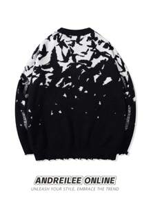 ANDREILEE 男士休闲宽松套头毛衣，抽象撞色图案，黑色，街头风，做旧设计，流苏边饰，圆领，适合春、秋、冬三季穿着。 - 黑色 - 查看 2