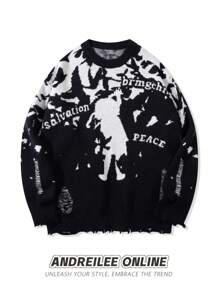 ANDREILEE 男士休闲宽松套头毛衣，抽象撞色图案，黑色，街头风，做旧设计，流苏边饰，圆领，适合春、秋、冬三季穿着。 - 黑色 - 查看 1