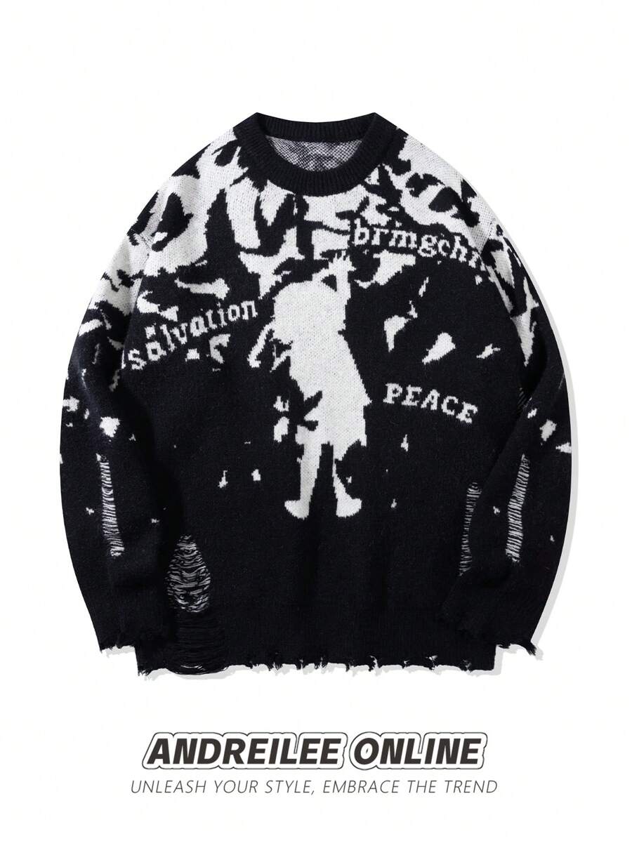 ANDREILEE 男士休闲宽松套头毛衣，抽象撞色图案，黑色，街头风，做旧设计，流苏边饰，圆领，适合春、秋、冬三季穿着。 - 黑色 - 查看 1