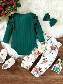 Hibobi Baby Girl Solid Color Bodysuit And Floral Print Pants And Headband