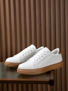 Men's Minimalist Style Black Detail Front Lace-Up Casual Sneakers, Comfortable Lightweight Outdoor Sports Skateboard Shoes - Brown - View 4