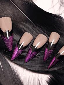 24 piezas/set Puntas de uñas largas en forma de murciélago negro con degradado de galaxia morado, diseño personalizado con polvo de ojo de gato brillante, perfecto para Halloween/Fiesta/Festival, incluye 1 pegamento tipo jalea y 1 lima de uñas - Multicolor - Ver 4