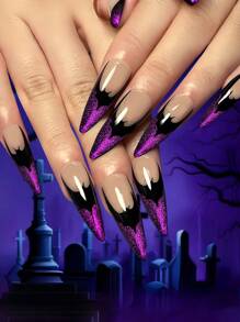 24 piezas/set Puntas de uñas largas en forma de murciélago negro con degradado de galaxia morado, diseño personalizado con polvo de ojo de gato brillante, perfecto para Halloween/Fiesta/Festival, incluye 1 pegamento tipo jalea y 1 lima de uñas - Multicolor - Ver 1
