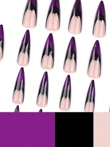 24 piezas/set Puntas de uñas largas en forma de murciélago negro con degradado de galaxia morado, diseño personalizado con polvo de ojo de gato brillante, perfecto para Halloween/Fiesta/Festival, incluye 1 pegamento tipo jalea y 1 lima de uñas - Multicolor - Ver 5