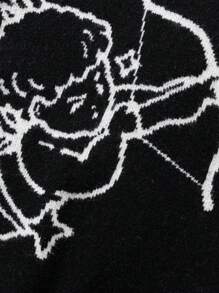 ANDREILEE Men's Cute Simple Fashionable Little Angel Shooting Heart Jacquard Black Long Sleeve Sweater, Unisex Round Neck Street Style Loose Knitted Top For Spring/Autumn/Winter - Black - View 5