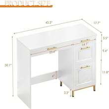 43" Computer Desk With Drawers, Small White Writing Desk For Home Office Bedroom, Modern Compact Desk With Gold Handles,  White/ Black - 白色 - 查看 2