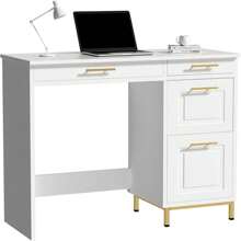43" Computer Desk With Drawers, Small White Writing Desk For Home Office Bedroom, Modern Compact Desk With Gold Handles,  White/ Black - 白色 - 查看 7