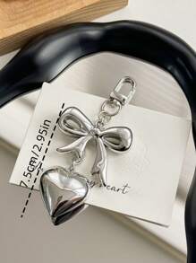 1pc Women's Fashionable Silver Heart & Bowknot Keychain, Creative Gift Idea For Couples And Valentine's Day