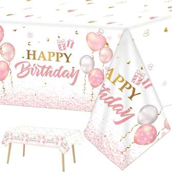 1Pc Pink Balloons Happy Birthday Tablecloth Rose Golden Princess Birthday Decoration Party Table Covers For Rectangle Tables Women Bachelor Parties Happy Birthday Wedding Party Favors,