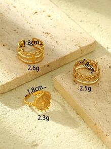 Set de 3 anillos abiertos de acero inoxidable con diseño vintage dorado en forma de círculo y sol, adecuado para uso diario de mujeres o como regalo - Amarillo Oro - Ver 3
