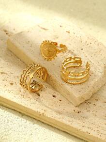 Set de 3 anillos abiertos de acero inoxidable con diseño vintage dorado en forma de círculo y sol, adecuado para uso diario de mujeres o como regalo - Amarillo Oro - Ver 2
