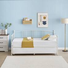Twin Metal Daybed With Trundle, Twin Size Daybed Frame With Pullout Trundle 6 Casters, Steel Slat Support Guest Sofa Bed For Living Room, Bedroom, Apartment, No Box Spring Needed, White Black Pink