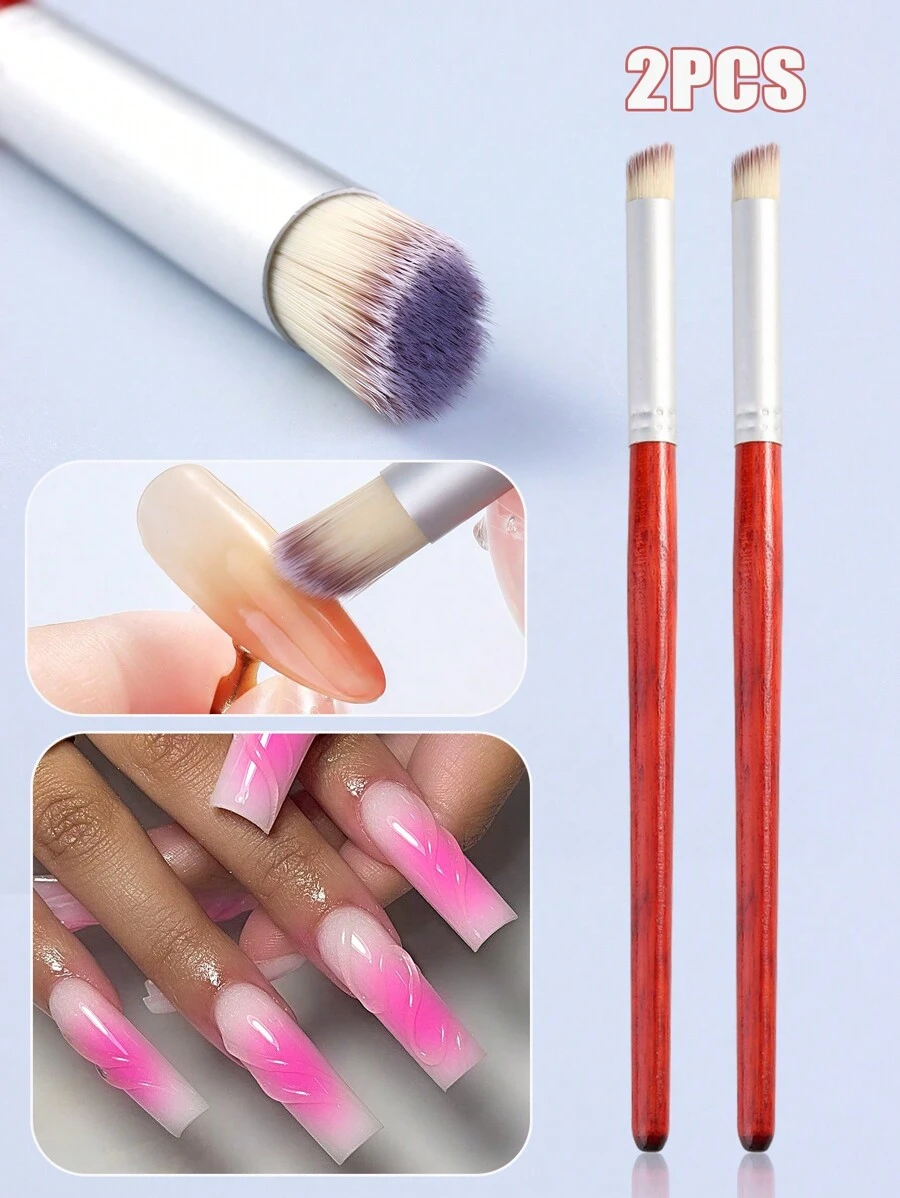2 Packs Thick Head Nail Art Smudge Brush Nail Art Gradient Blush Brush, Gradient Purple Hair Brush Red Brown Wooden Handle Nail Painting Brush For Home DIY Nail Art Tools - Multicolor - View 1