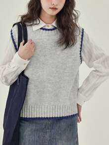 柔和风格撞色边饰设计圆领无袖毛衣背心