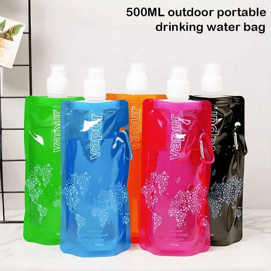 1入500ml戶外可攜帶掛扣式飲水袋，攀登用軟水袋，環保、輕巧、可摺疊，適合戶外露營、遠足、跑步、馬拉松、旅行使用，攜帶方便的掛扣式水袋 - 彩色 - 查看 1