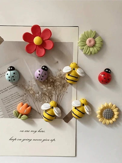 10pcs Flower, Bee, Ladybug Shaped Fridge Magnets, Cute Decorative Magnets, Personalized Refrigerator Stickers For Kitchen, Office, Whiteboard, Storage Cabinets And Dishwasher, Kitchen & Home Decoration, Holiday And Party Favors For Friends
